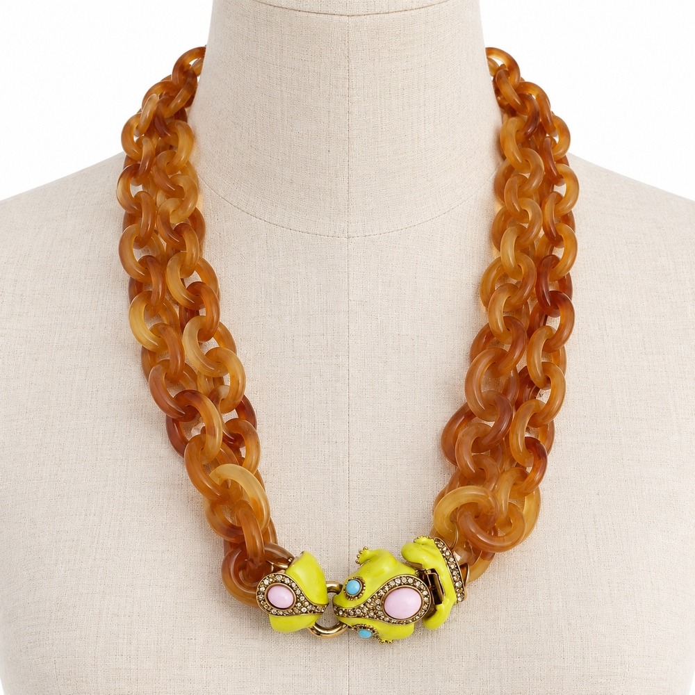 Vintage Resin Chain Link Necklace Amber Frog Clasp Statement